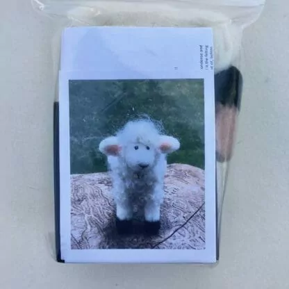 A kit to needle felt a sheep in its package.