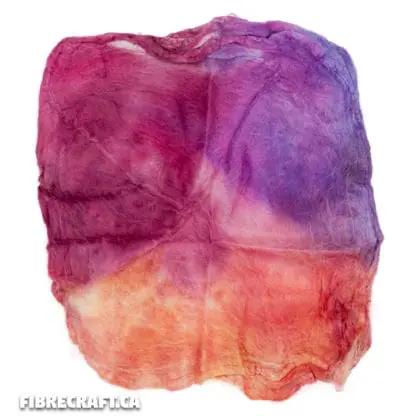 Hand-dyed silk hankies in various vibrant colours, perfect for wet felting projects