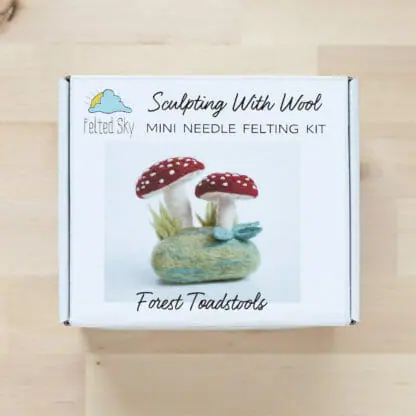 The forest toadstools needle felting kit in its attractive package.