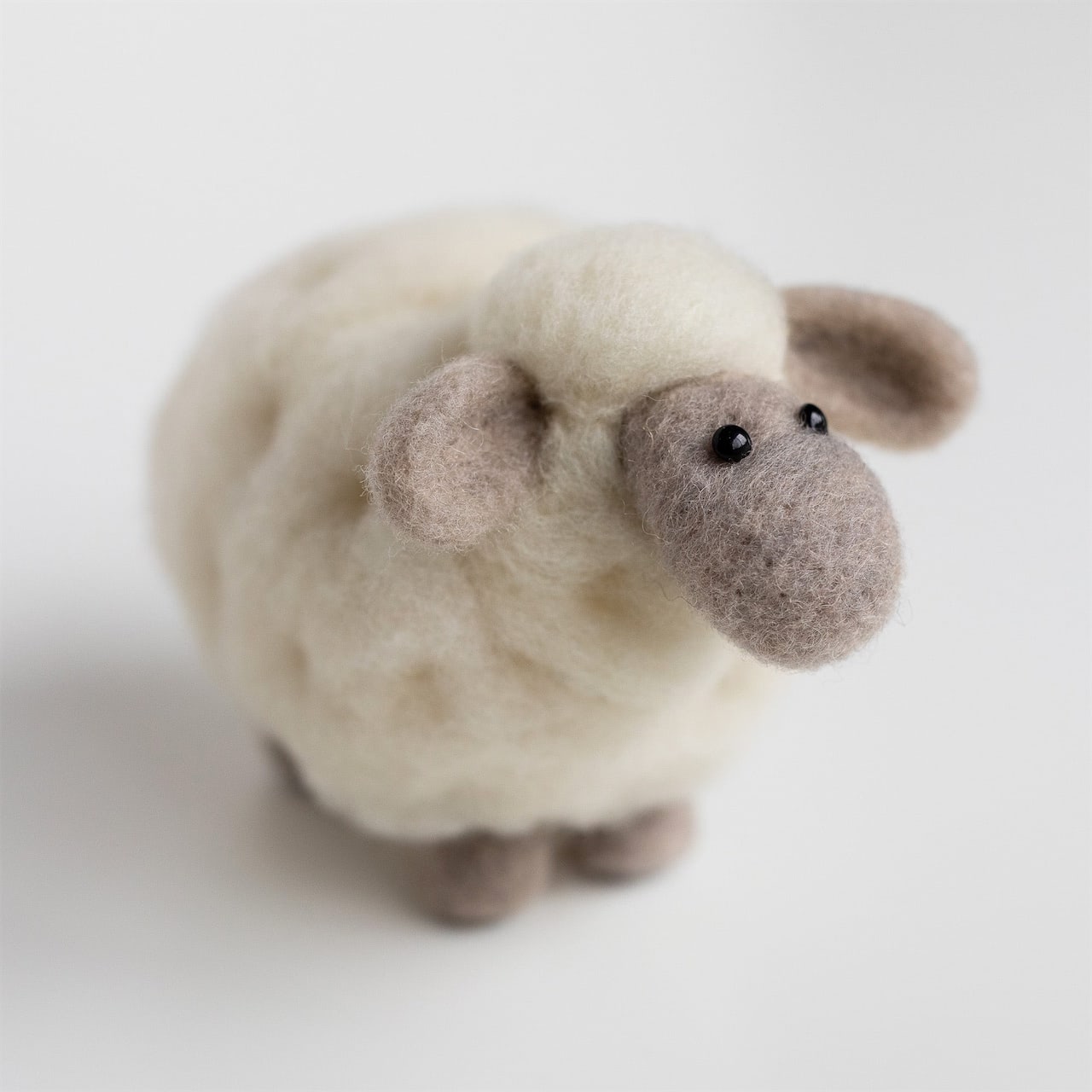 A kit to create a needle felted white sheep.
